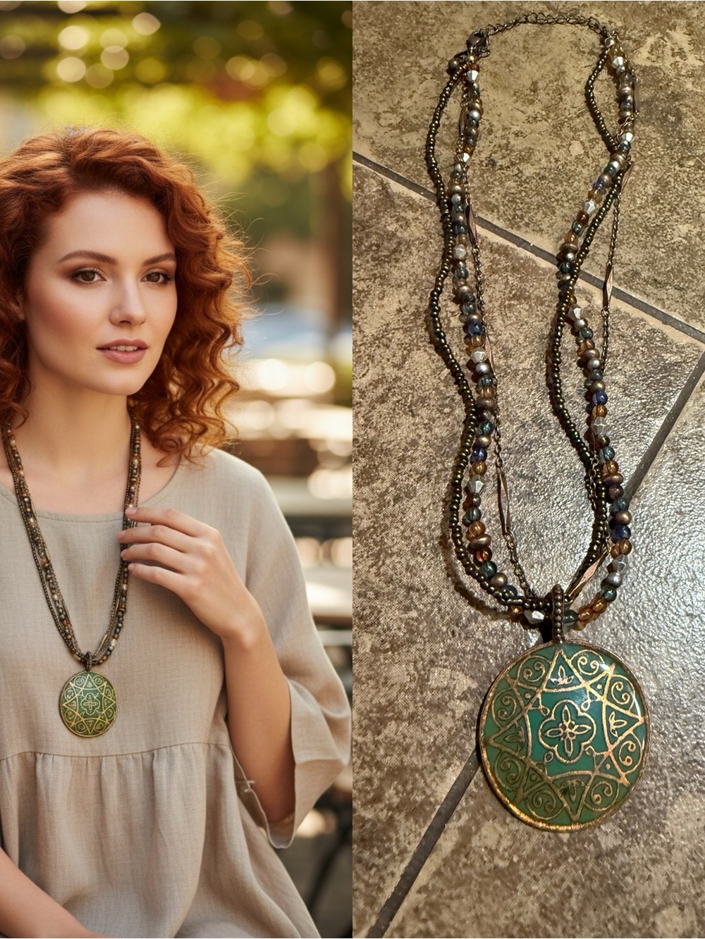 Vintage Nina Ricci for Avon Teal Gold Medallion Pendant Layered Beaded Necklace